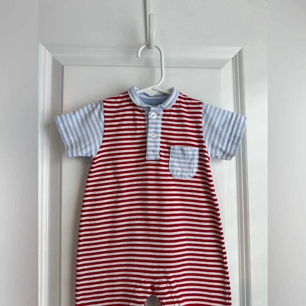 Little English Peter Pan Polo Romper Red and Blue Stripes Size 6 Months